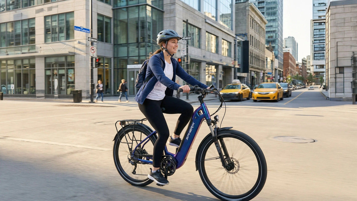 Cycliste sur un vélo urbain électrique Spherik violet à cadre bas, dans une rue du centre-ville
