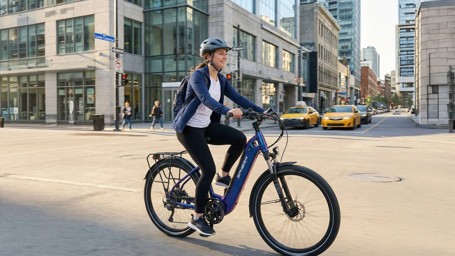 Cycliste sur un vélo urbain électrique Spherik violet à cadre bas, dans une rue du centre-ville